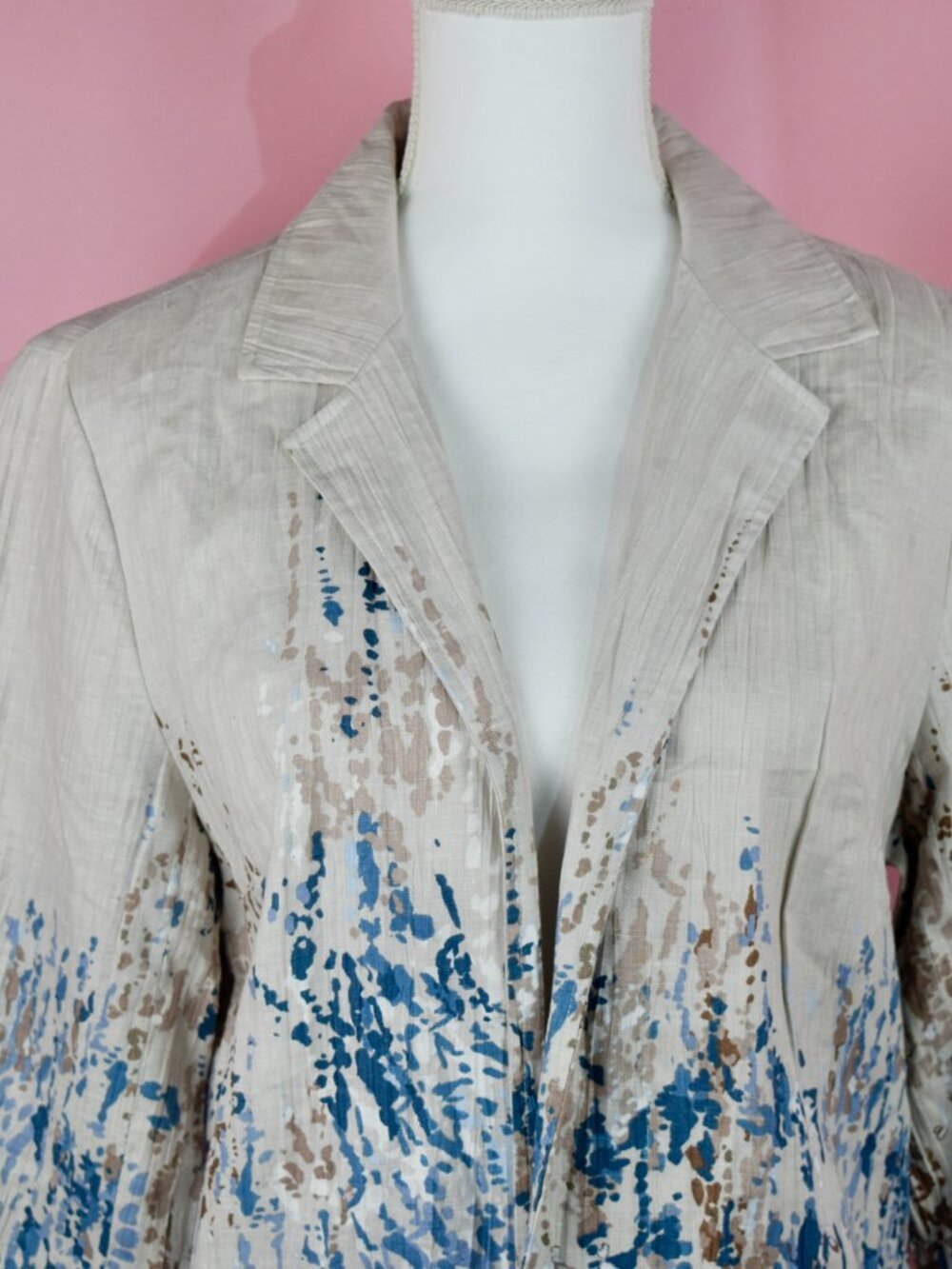 Coldwater Creek Tan & Blue Abstract Watercolor Linen Jacket | Size M - Picture 2 of 7
